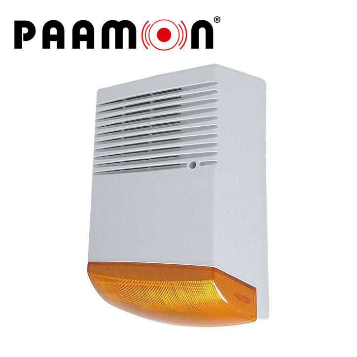 SIRENA CON ESTROBO PARA EXTERIOR PM-SRE60ABATT, CON DOBLE CARCASA UNA EXTERNA PLASTICA Y UNA INTERNA METALICA PARA DOBLE PROTECC