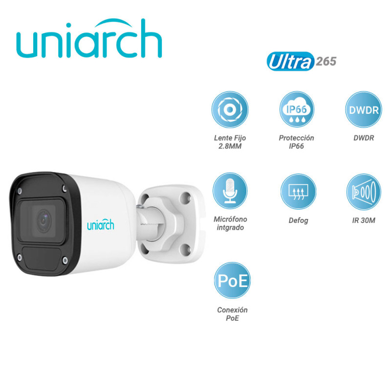 CAMARA IP BULLET UNIARCH IPC-B125-APF28 UNIARCH / 5MP/ ULTRA 265 / LENTE 2.8 MM / IP67 / DWDR / MICROFONO INTEGRADO / DIGITAL DE