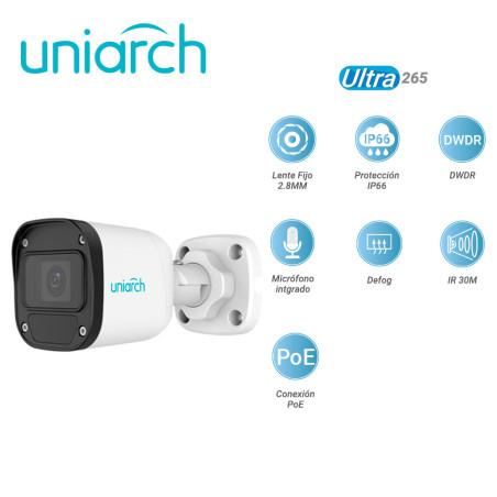 CAMARA IP BULLET UNIARCH IPC-B125-APF28 UNIARCH / 5MP/ ULTRA 265 / LENTE 2.8 MM / IP67 / DWDR / MICROFONO INTEGRADO / DIGITAL DE