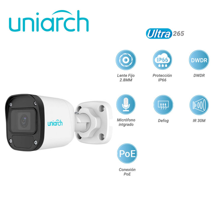 CAMARA IP BULLET UNIARCH IPC-B125-APF28 UNIARCH / 5MP/ ULTRA 265 / LENTE 2.8 MM / IP67 / DWDR / MICROFONO INTEGRADO / DIGITAL DE