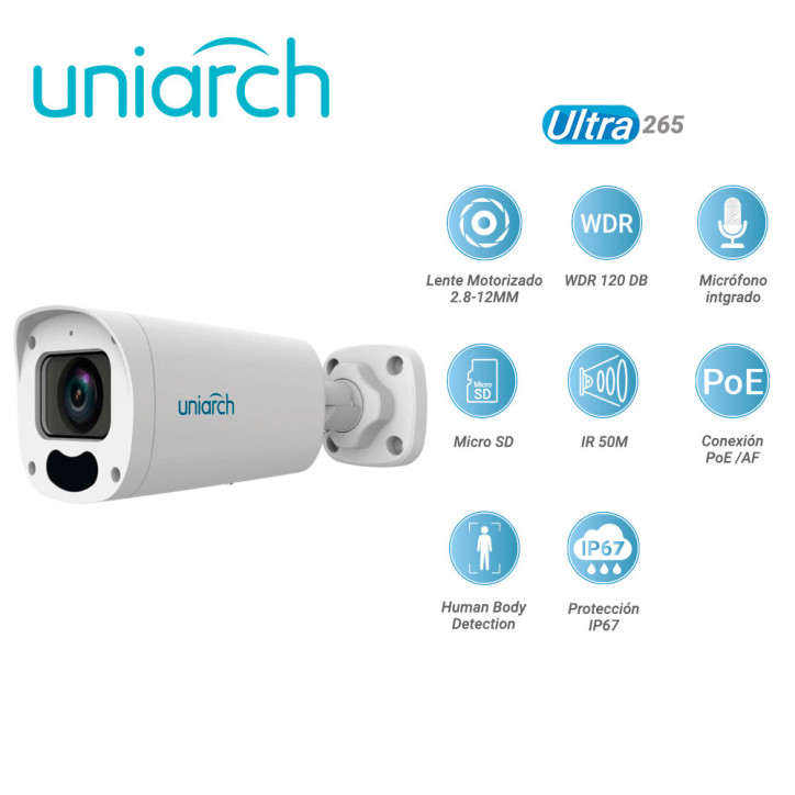 CAMARA IP BULLET UNIARCH IPC-B315-APKZ / 5 MP/ ULTRA265 / LENTE MOTORIZADO 2.8-12 MM / WDR 120 DB / MICROFONO EMBEBIDO / RANURA 