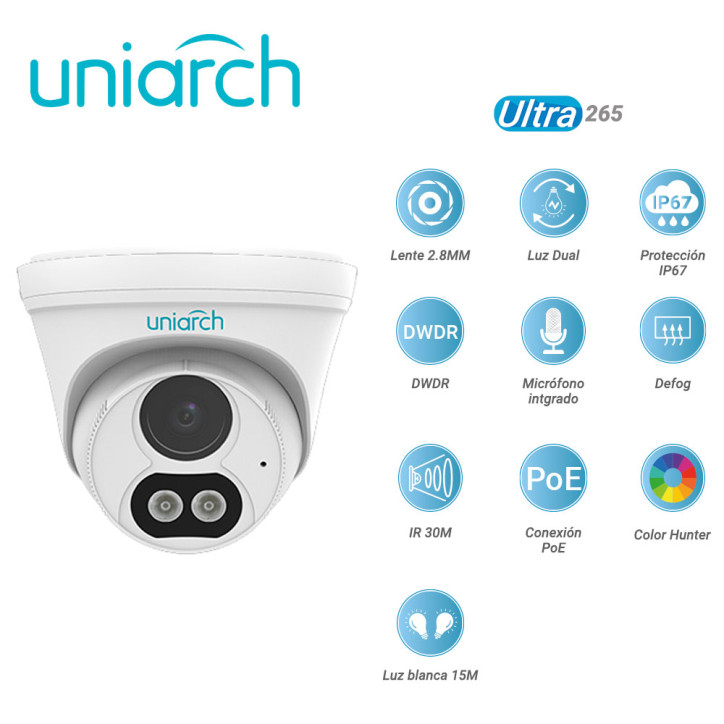 CAMARA IP TURRET UNIARCH IPC-T213-APF28W / 3MP / ULTRA 265 / LENTE 2.8 MM / LUZ DUAL / IP67 / DWDR / MICROFONO INTEGRADO / DIGIT