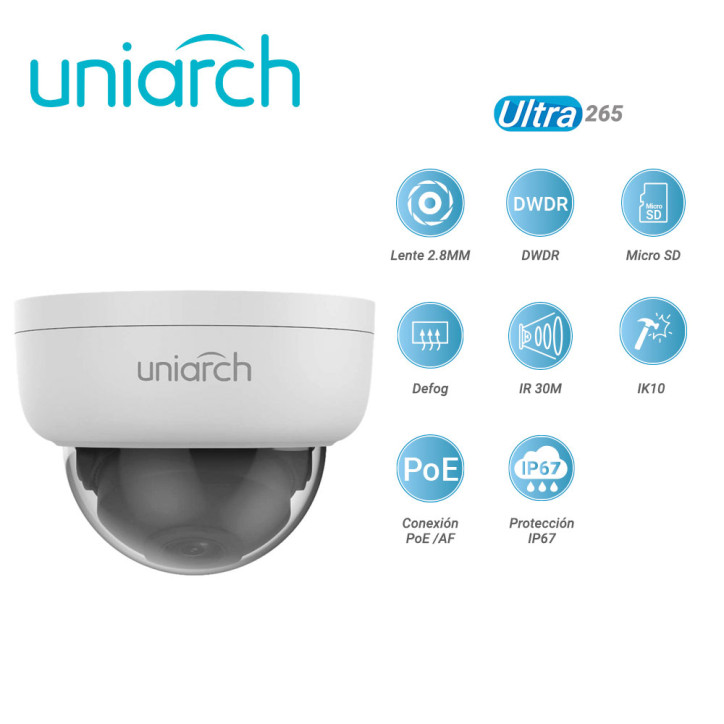 Cámara IP domo 4 MP lente 2.8 mm Ultra265 UNIARCH BY UNV IPC-D124-PF28K Cámara IP domo 4 MP lente 2.8 mm Ultra265 UNIARCH BY UNV IPC-D124-PF28K