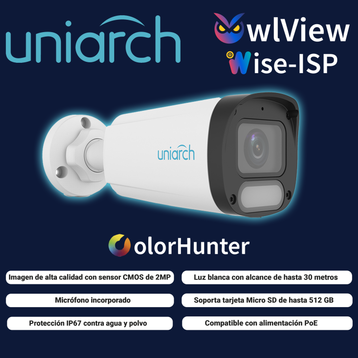 CAMARA IP BULLET OWLVIEW UNIARCH IPC-B242-ADF28K-WP / 2MP / LENTE 2.8MM / TRUE-WDR120DB / LUZ-CALIDA30M-LUZ-BLANCA30M / MICROSD5