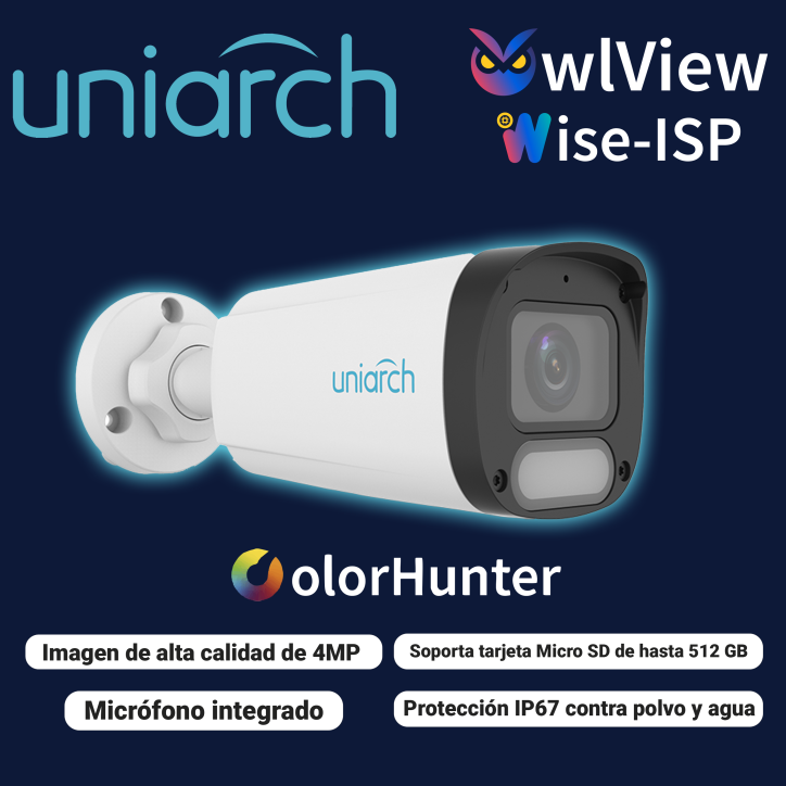 CAMARA IP BULLET OWLVIEW UNIARCH IPC-B244-ADF28K-WP / 4MP / LENTE 2.8MM / WDR120DB / LUZ-BLANCA+LUZ-CALIDA30M / MICROSD512GB / M