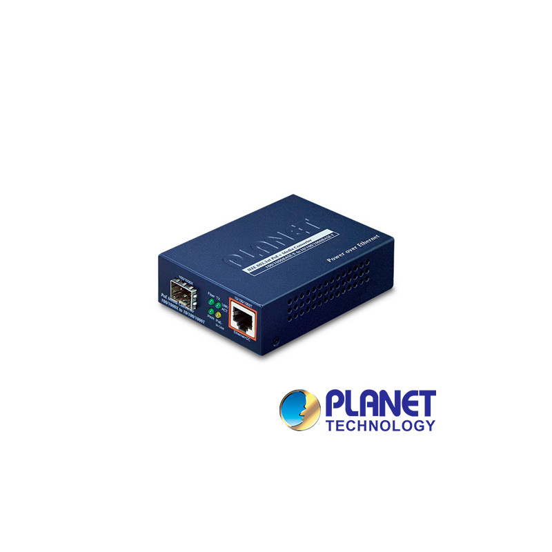 CONVERTIDOR DE MEDIOS DE FIBRA OPTICA A UTP POE AF/AT PLANET GTP-805A / 1 PUERTO DE FIBRA OPTICA SFP 100/1,000MBPS + 1 PUERTO RJ