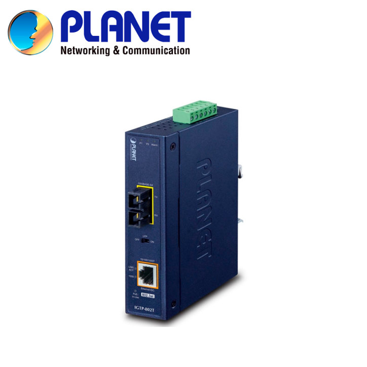 Convertidor de medios PoE multimodo industrial PoE+ IEEE 802.3at 1 puerto RJ45 Gigabit 1 puerto óptico SC PLANET IGTP-802T