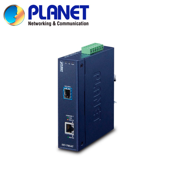 Convertidor de medios industrial 1 puerto RJ45 100M/1/2.5/5/10Gbps 1 puerto óptico SFP+ 10Gbps doble PLANET IXT-705AT