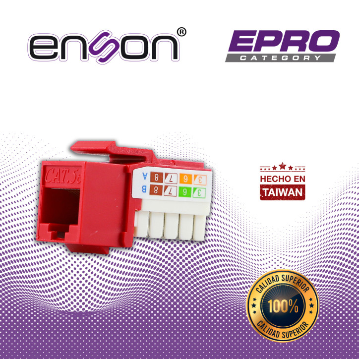 CONECTOR MODULAR JACK RJ45 ENSON EPRO-JACK5E-RD SERIE PRO, POSICION VERTICAL CAT5E COLOR ROJO COMPATIBLE CON PLACAS ENSON EPRO-F