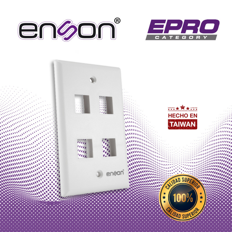 PLACA DE PARED (FACEPLATE) ENSON EPRO-FP40 COMPATIBLE CON JACK KEYSTONE 4 PUERTOS COLOR BLANCO, USO EN INTERIOR, IDEAL PARA CONE
