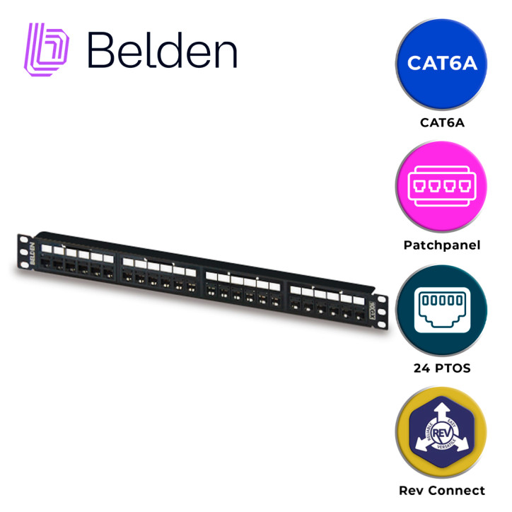 Patch panel precargado Cat. 6A 24 puertos 1U Cat. 6A 24 puertos Precargado BELDEN RVAPPF1U24BK
