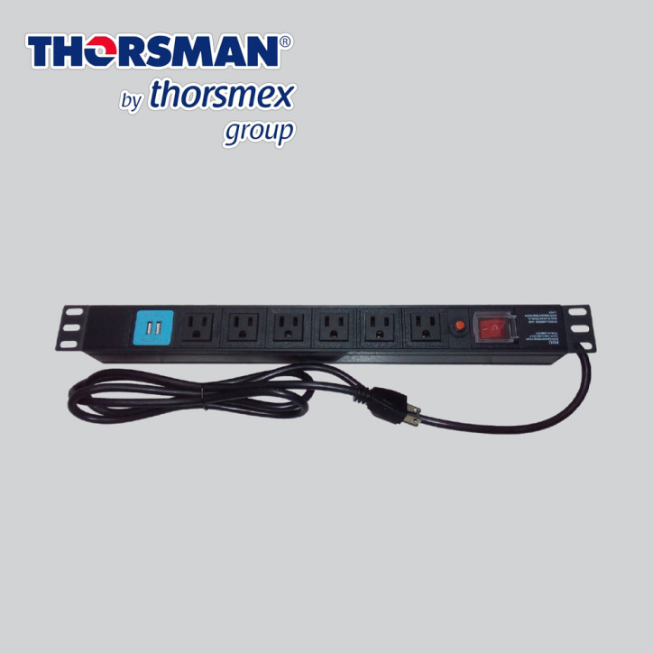 BARRA PDU 6 CONTACTOS MAS DOS USB THORSMAN THE0040091001001 P-RACK 19” HORIZONTAL, COLOR NEGRO, BOTON DE ENCENDIDO CON SISTEMA D