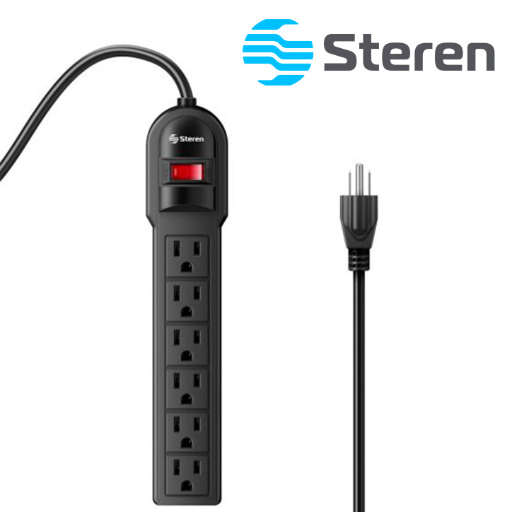 MULTICONTACTO DE 6 SALIDAS VERTICALES POLARIZADOS STEREN BARRA MULTI-V 6 NEGRA IDEAL PARA CONECTAR EQUIPOS DE COMPUTO Y APARATOS