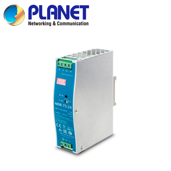 Fuente de poder industrial DIN-Rail entrada 90-264VAC 127-370VDC salida 24VDC 75W 3.2A montaje DIN-Rail PLANET PWR-75-24 Fuente de poder industrial DIN-Rail entrada 90-264VAC 127-370VDC salida 24VDC 75W 3.2A montaje DIN-Rail PLANET PWR-75-24