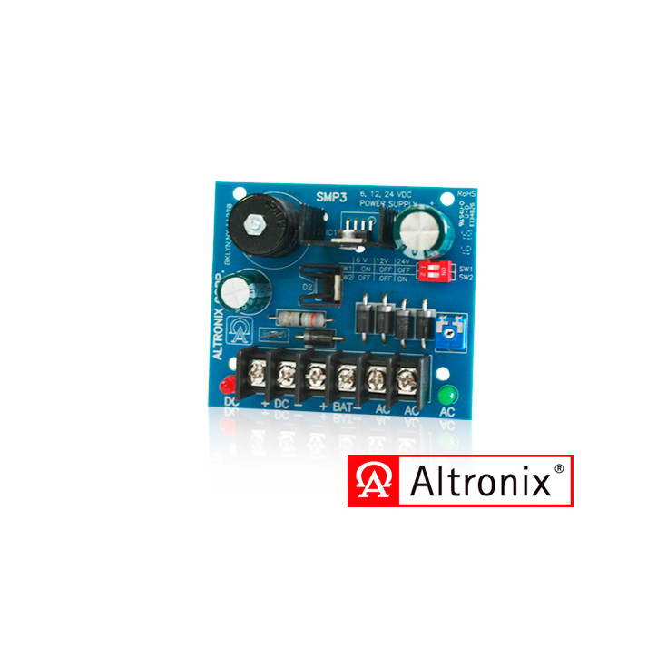 Fuente de alimentación/cargador Voltaje de salida ajustable 6VDC 12VCD 24VCD Corriente de salida 2.5A Voltaje de ALTRONIX SMP3 Fuente de alimentación/cargador Voltaje de salida ajustable 6VDC 12VCD 24VCD Corriente de salida 2.5A Voltaje de ALTRONIX SMP3