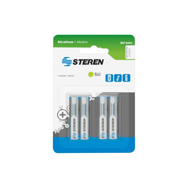PAQUETE DE 4 BATERIAS ALCALINAS AAA DE 1,5 VOLTS STEREN BAT-AAA4