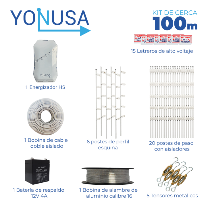 Kit de cerca electrificada para 100 metros energizador con control remoto respaldo de hasta 2 días YONUSA CERCA100MTS