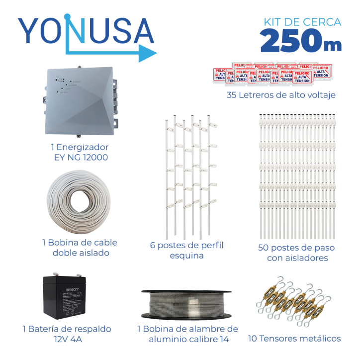 Kit de cerca electrificada 250 metros respaldo de batería 2 días cobertura energizador hasta 3500 metros YONUSA CERCA250MTS