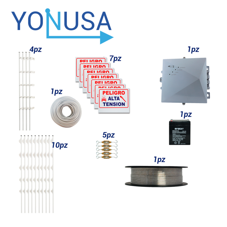 Kit de cerca electrificada para 50 metros incluye energizador y accesorios respaldo de batería hasta 2 YONUSA KIT CERCA50MTS Kit de cerca electrificada para 50 metros incluye energizador y accesorios respaldo de batería hasta 2 YONUSA KIT CERCA50MTS