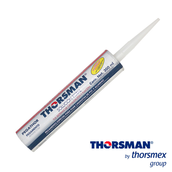 Pegamento de contacto para canaletas Tubo 300 ml Rendimiento 18 m lineales 5mm Color blanco THORSMAN 9999-88888