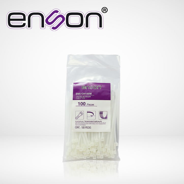 Cincho de nylon Ancho 2.5 mm Largo 100 mm Resistencia de tensión 8 Kgs ENSON ENS-CH100W