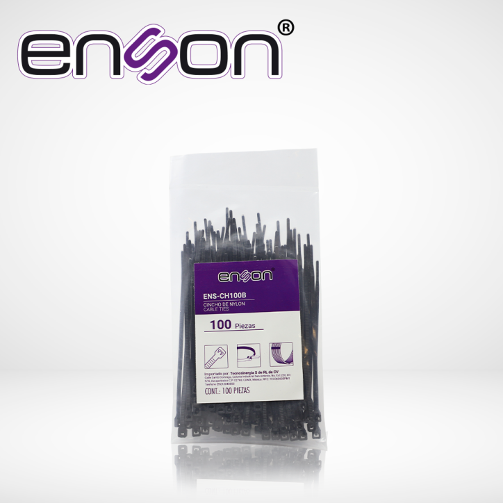 Cincho de nylon Ancho 2.5 mm Largo 100 mm Resistencia de tensión 8 Kgs ENSON ENS-CH100B Cincho de nylon Ancho 2.5 mm Largo 100 mm Resistencia de tensión 8 Kgs ENSON ENS-CH100B
