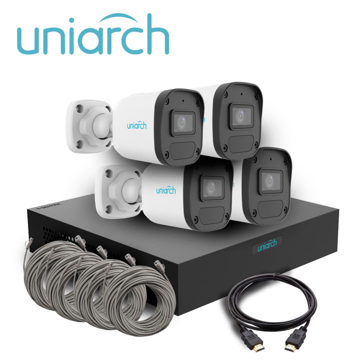 KIT MINI FIXED BULLET UNIARCH IPKIT-104S-4BC / 4CAMARAS-MINI- BULLET-2MP / IPC-B132-AF28-E / ULTRA265 / FULL-HD / LENTE 2.8 MM /