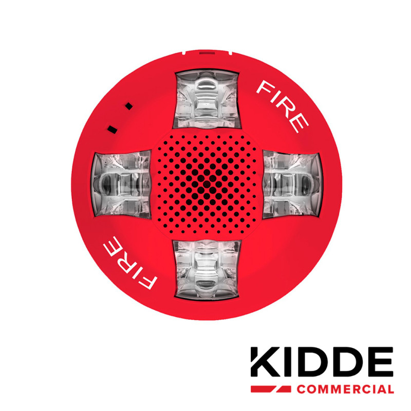 SIRENA CON ESTROBO DE TECHO, 15-115 CD, MARCA KIDDE, EGCAVRF, ROJA, CON LA PALABRA FIRE. PLACA DE CABLEADO INCLUIDA.