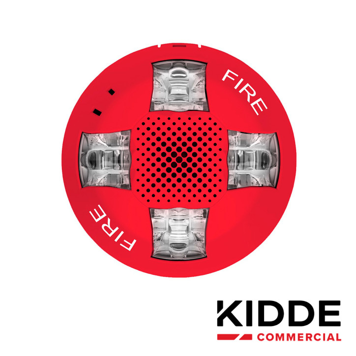 Sirena con estrobo de techo 15-115 CD roja con la palabra FIRE KIDDE EGCAVRF