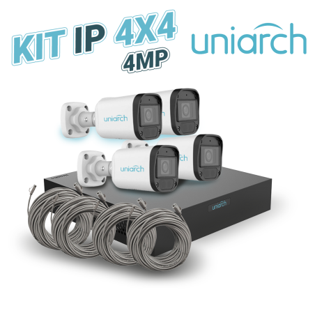 KIT 4X4 UNIARCH IP EXTERIOR BULLET 4MP INCLUYE 1 NVR POE 4PTOS + 4 CAM BULLET IP 4MP 2.8MM SLOT MICROSD + 4 CABLES PREPONCHADOS 