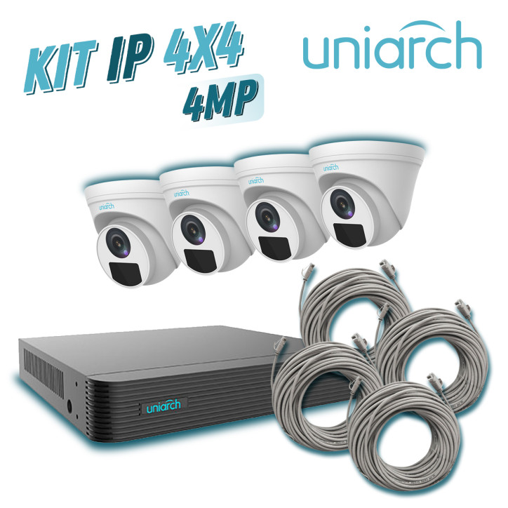 Kit de videovigilancia IP 4MP 2.8MM Slot microSD UNIARCH BY UNV KIT 1 x NVR-104E2-P4 + 4 x IPC-T124-APF28K + 4 x ENS-IP18CAT6