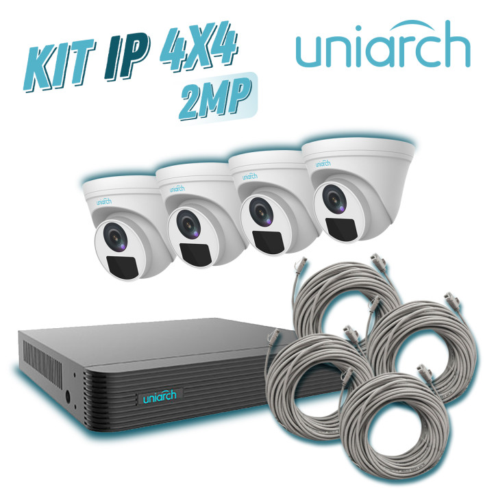 Kit de videovigilancia IP 2 MP 1080P PoE 4 puertos UNIARCH BY UNV KIT 1 x NVR-104E2-P4 + 4 x IPC-T122-APF28K + 4 x ENS-IP18CAT6