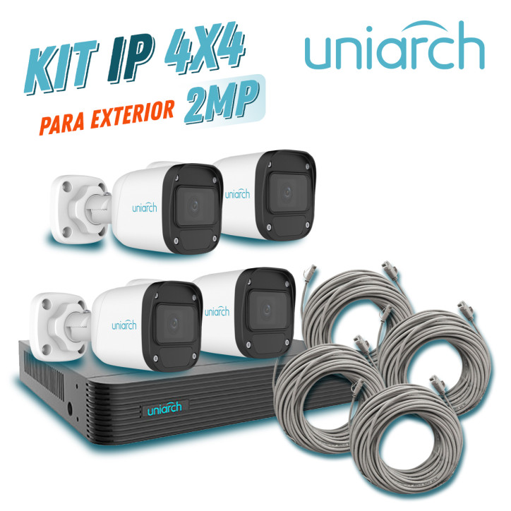 Kit de videovigilancia IP NVR PoE con cámaras UNIARCH BY UNV KIT 1 x NVR-104E2-P4 + 4 x IPC-B122-APF28K + 4 x ENS-IP18CAT6