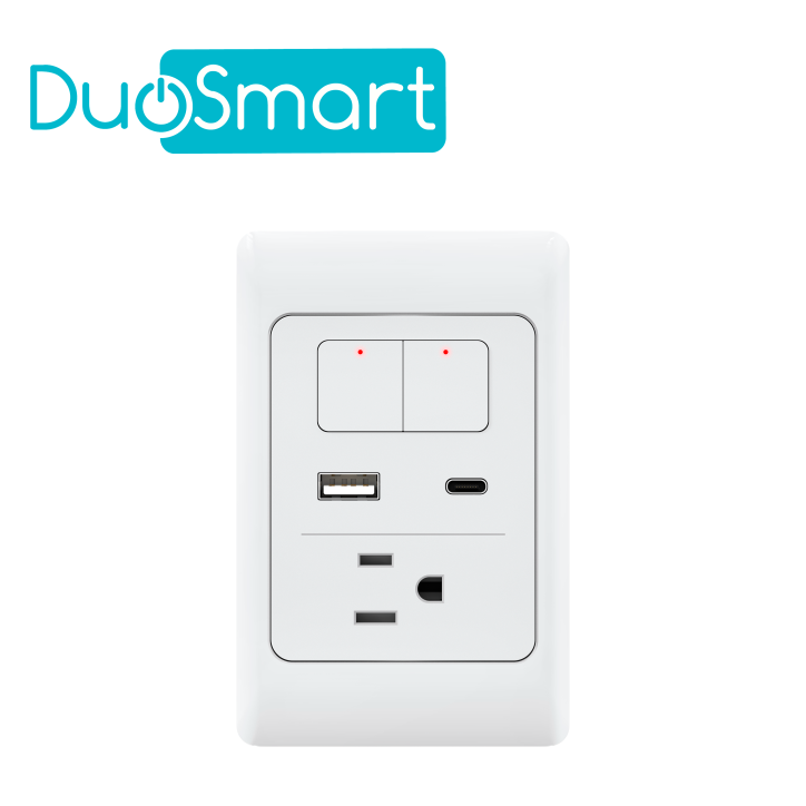 APAGADOR Y CONTACTO TOMACORRIENTE DUOSMART A70 / 2 BOTONES-UNIDADES / 1 CONTACTO / 1 PUERTO USB / 1 PUERTO USB-C / WIFI 2.4 GHZ 