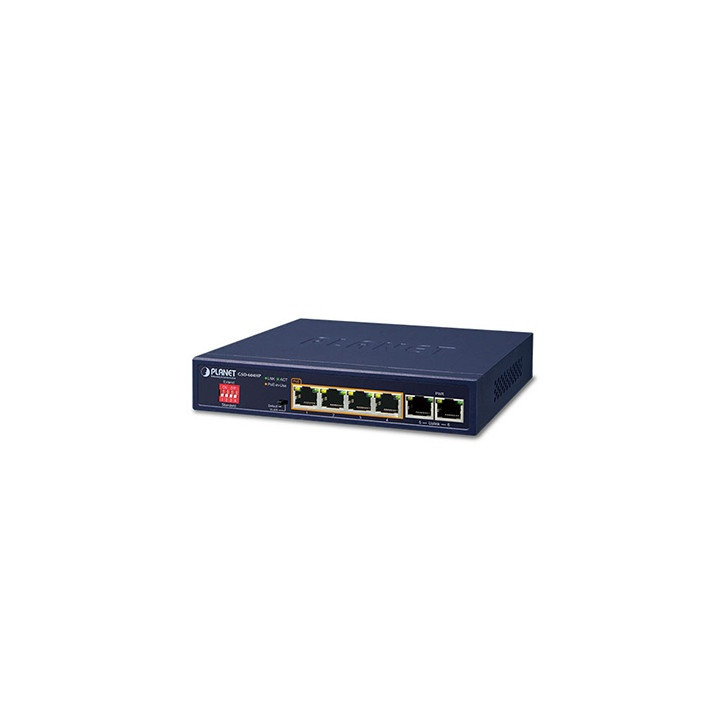 SWITCH NO ADMINISTRABLE 6 puertos RJ45 10/100/1000 Mbps 4 puertos PoE 802.3at/af PoE extendido PLANET GSD-604HP