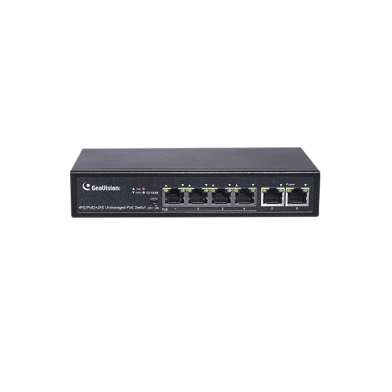 SWITCH GEOVISION GV-APOE0400 POE NO ADMINISTRADO 10/100 MBPS 4 PUERTOS POE IEEE 802.3AT, 32W POR PUERTO 2 PUERTOS FAST ETHERNET