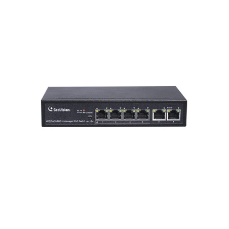 SWITCH GEOVISION GV-APOE0400 POE NO ADMINISTRADO 10/100 MBPS 4 PUERTOS POE IEEE 802.3AT, 32W POR PUERTO 2 PUERTOS FAST ETHERNET