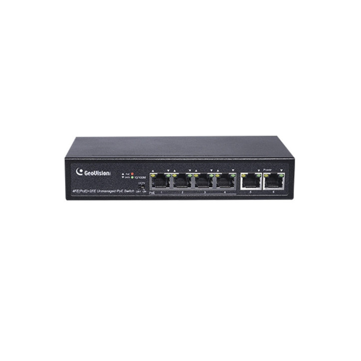 SWITCH GEOVISION GV-APOE0400 POE NO ADMINISTRADO 10/100 MBPS 4 PUERTOS POE IEEE 802.3AT, 32W POR PUERTO 2 PUERTOS FAST ETHERNET