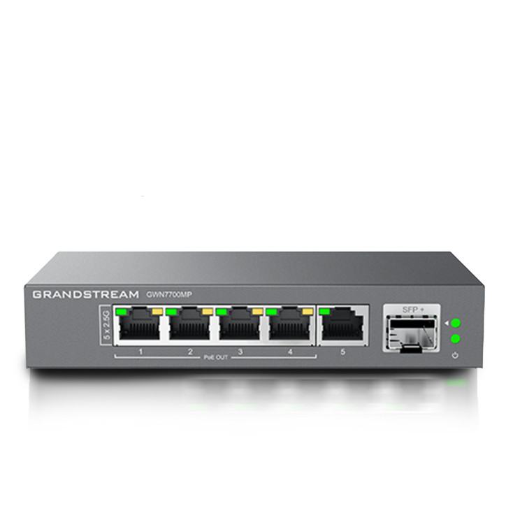 Switch no administrable PoE+ 5 Puertos multigigabit 100/1000/2500 Mbps 4 Puertos PoE+ IEEE 802.3af/at 1 GRANDSTREAM GWN7700MP Switch no administrable PoE+ 5 Puertos multigigabit 100/1000/2500 Mbps 4 Puertos PoE+ IEEE 802.3af/at 1 GRANDSTREAM GWN7700MP