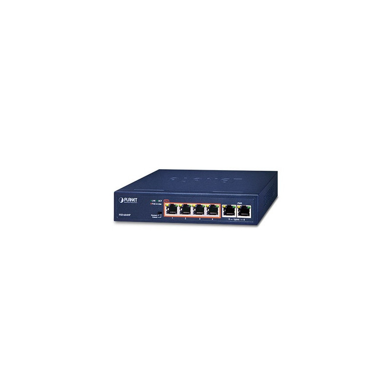 SWITCH NO ADMINISTRABLE PLANET FSD-604HP / 6 PUERTOS RJ45 FAST ETHERNET 10/100 MBPS / 4 PUERTOS CON POE 802.3AF/AT (PUERTOS 1 – 