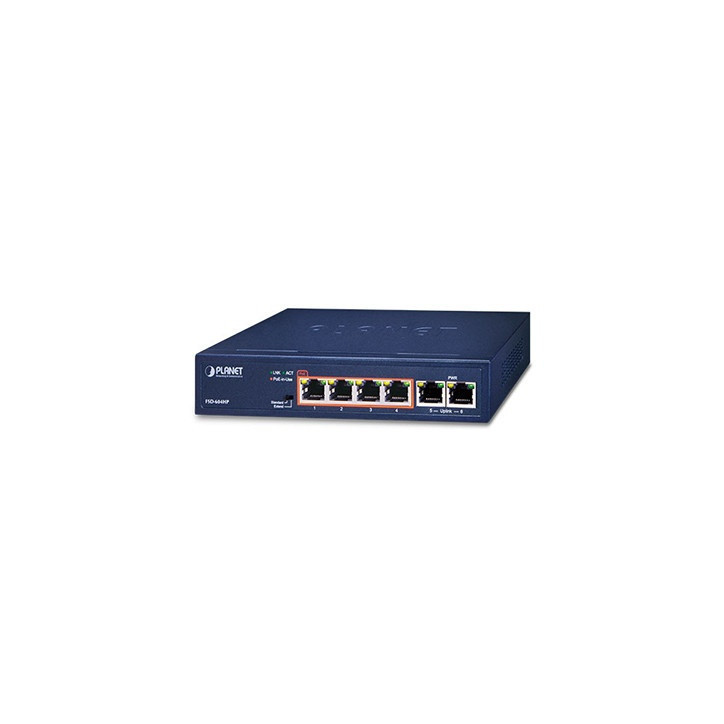 Switch no administrable PoE 6 Puertos RJ45 10/100 Mbps 4 Puertos PoE 802.3af/at Presupuesto de energía PoE 60 W PLANET FSD-604HP