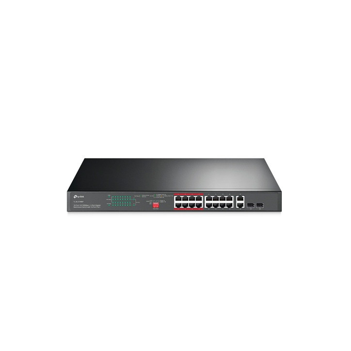 Switch no administrable PoE 16 puertos PoE 10/100 Mbps 2 puertos Gigabit combo TP-LINK TL-SL1218MP Switch no administrable PoE 16 puertos PoE 10/100 Mbps 2 puertos Gigabit combo TP-LINK TL-SL1218MP