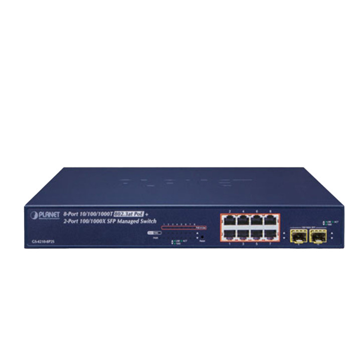 Switch administrable L2/L4 8 puertos RJ45 Gigabit PoE IEEE 802.3at/af 2 puertos SFP 100/1000BASE-X PLANET GS-4210-8P2S Switch administrable L2/L4 8 puertos RJ45 Gigabit PoE IEEE 802.3at/af 2 puertos SFP 100/1000BASE-X PLANET GS-4210-8P2S