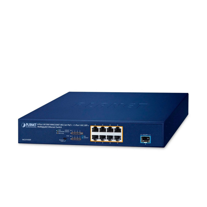 Switch PoE no-administrable No-administrable 8 puertos RJ45 PoE Multigigabit hasta 2.5Gbps PLANET MGS-910XP Switch PoE no-administrable No-administrable 8 puertos RJ45 PoE Multigigabit hasta 2.5Gbps PLANET MGS-910XP