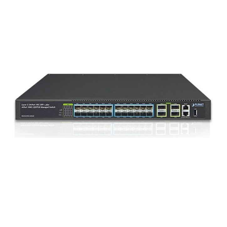 Switch gestionado de fibra 24 puertos 10G SFP+ 4 puertos 100G QSFP28 800 Gbit/s PLANET XGS-6350-24X4C