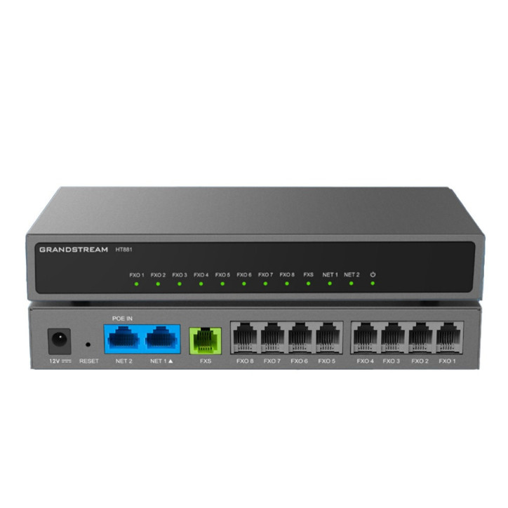GATEWAY FXO GRANDSTREAM HT881 / 8 PUERTOS FXO / 1 PUERTO FXS / 3 CUENTAS SIP / CONFERENCIA 3 VIAS / SOPORTA FAX / ALIMENTACION P