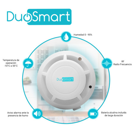 Detector de humo RF Comunicación RF 433.92 MHz Alimentación 9 VCD Aviso de alarma audible DUOSMART CSMD1