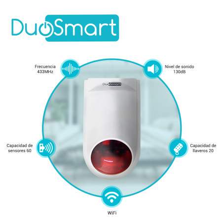 Sirena inteligente WiFi standalone WiFi 2.4 GHz RF 433.92 MHz Sonido 130dB DUOSMART B20