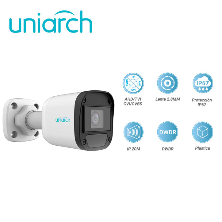 CAMARA ANALOGICA BULLET UNIARCH UAC-B115-F28 / UAC-B115-F28-H / 5MP / AHD/TVI/CVI/CVBS / LENTE FIJO 2.8 MM / 12 VCD / IP67 / IR 