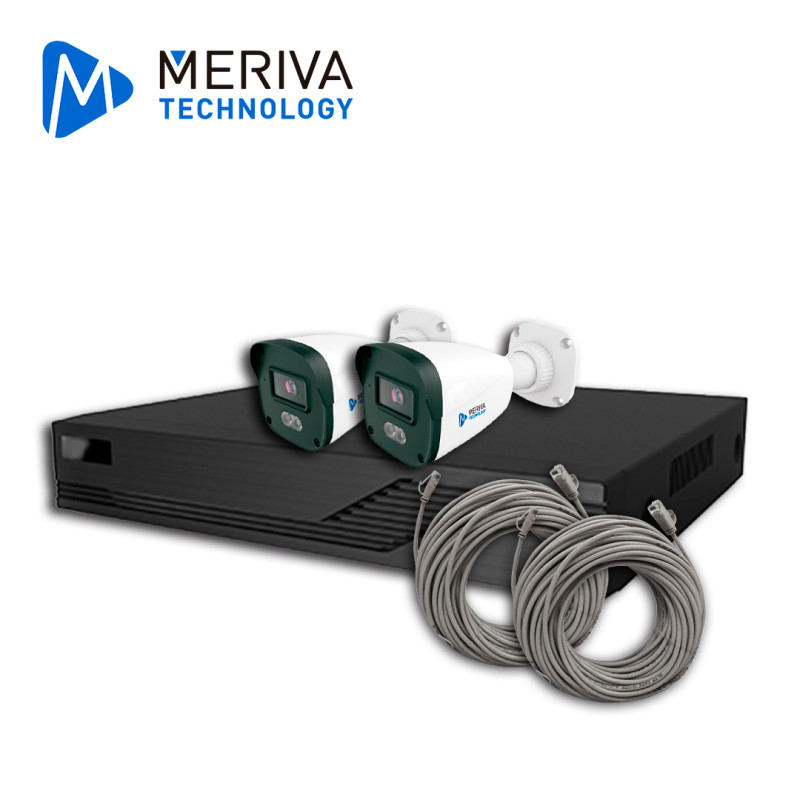 KIT DE VIDEOVIGILANCIA IP MERIVA TECHNOLOGY MKIP2MP-2B-4P 2 CÁMARAS BULLET IP MOB-203D DE 2MP LUZ DUAL CON MICROFONO INTEGRADO M